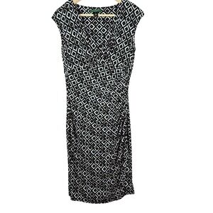 Lauren Ralph Lauren Black White Geometric Print Cap Sleeve Ruched Sheath Dress